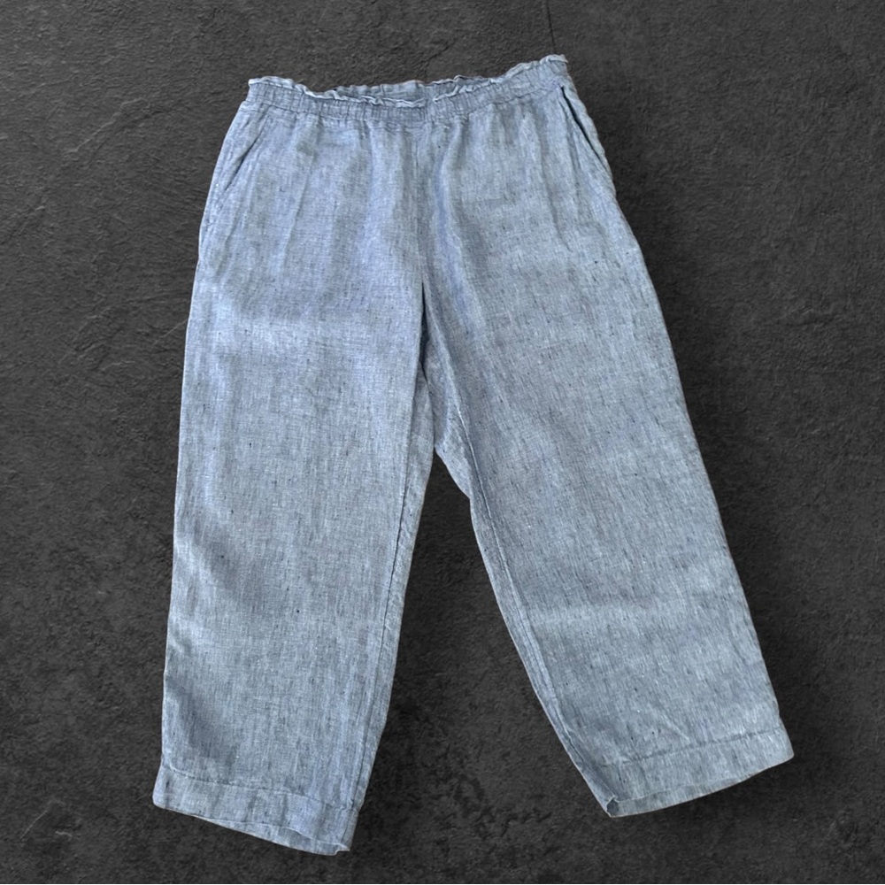 Charter Club Blue Linen Cropped Wide Leg Pants Elastic Waistband Size Medium